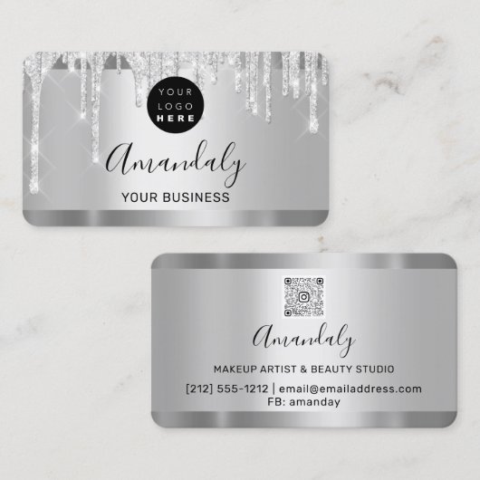 Silver Grey Glitter Drift Lijst Qr Code Logo Visitekaartje (Voorkant / Achterkant)