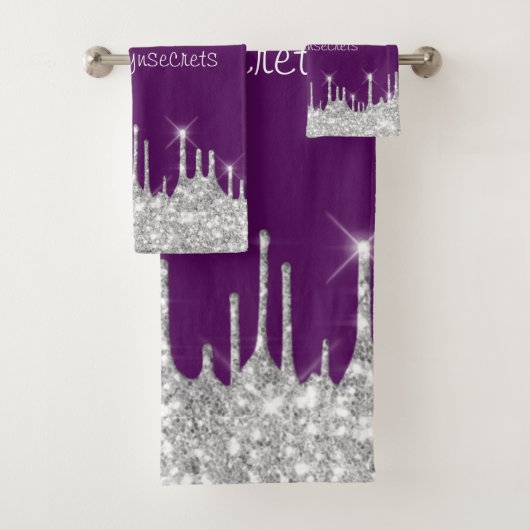 Silver Grey Glitter Effect Drift Plum Paars Name Bad Handdoek (Insitu)
