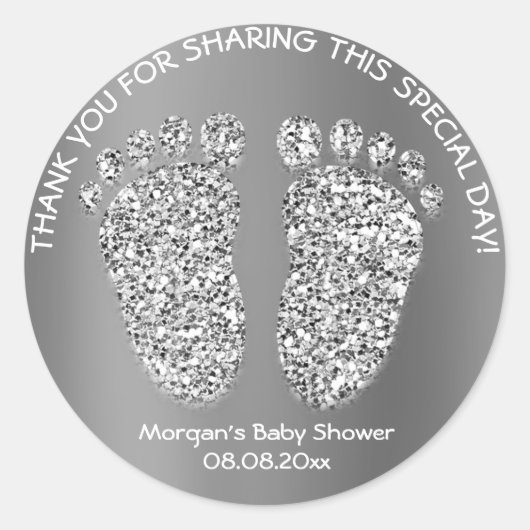 Silver Grey Glitter Feet Baby shower Favor Dank Ronde Sticker (Voorkant)