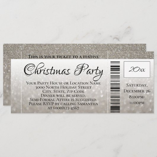 Silver Grey Glitter Holiday Christmas Party Ticket Kaart (Voorkant / Achterkant)