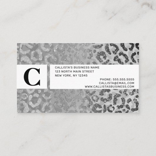Silver Grey Glitter Leopard Animal Print Monogram Visitekaartje (Achterkant)