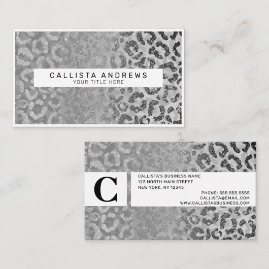 Silver Grey Glitter Leopard Animal Print Monogram Visitekaartje (Voorkant / Achterkant)