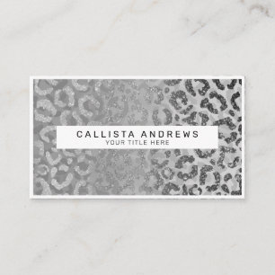 Silver Grey Glitter Leopard Animal Print Monogram Visitekaartje