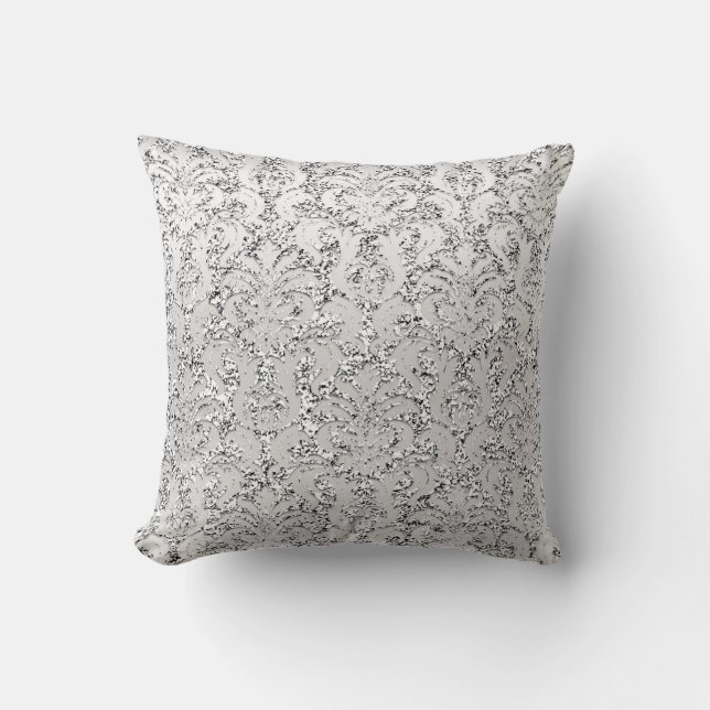 Silver Grey Glitter Metallic Damask Royal Kussen (Voorkant)
