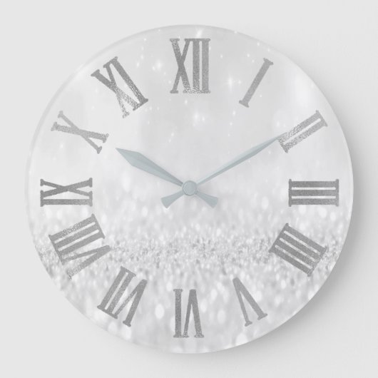 Silver Grey Glitter Minimal Metallic Roman Nummers Grote Klok (Voorkant)