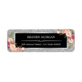 Silver Grey Glitter Sparkles Classy Pink Floral Etiket (Voorkant)
