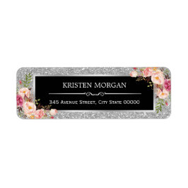 Silver Grey Glitter Sparkles Classy Pink Floral Etiket