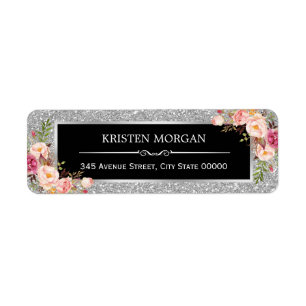 Silver Grey Glitter Sparkles Classy Pink Floral Etiket