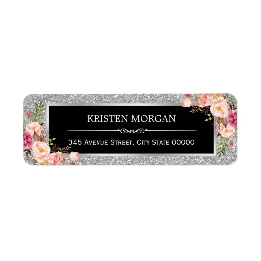 Silver Grey Glitter Sparkles Classy Pink Floral Etiket (Voorkant)