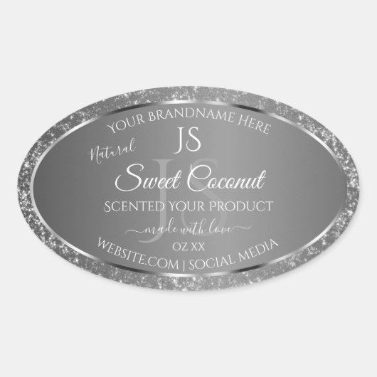 Silver Grey Glitter Stars Initialen Productlabels Ovale Sticker (Voorkant)