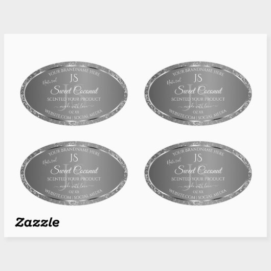 Silver Grey Glitter Stars Initialen Productlabels Ovale Sticker (Vel)