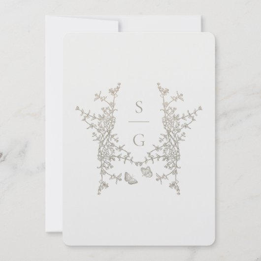 Silver Grey Gold Botanical Crest Monogram Weddensc Kaart (Achterkant)