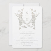 Silver Grey Gold Botanical Crest Monogram Weddensc Kaart (Voorkant)