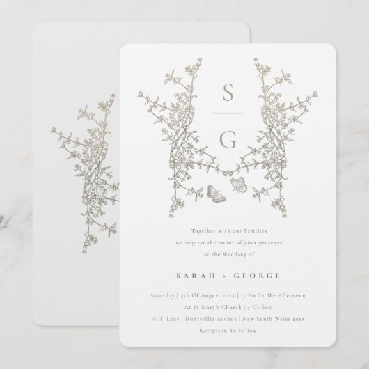Silver Grey Gold Botanical Crest Monogram Weddensc Kaart (Voorkant / Achterkant)