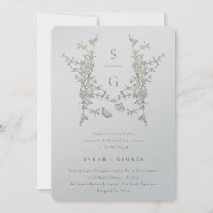Silver Grey Gold Botanical Crest Monogram Weddensc Kaart