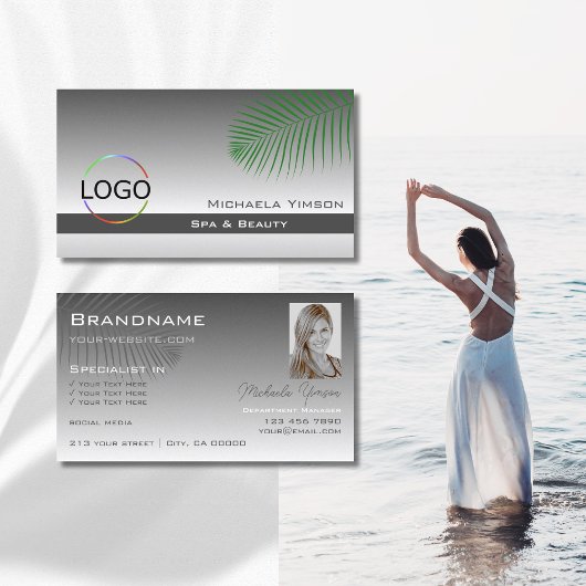 Silver Grey Gradient Palm Leaf Logo en foto Visitekaartje