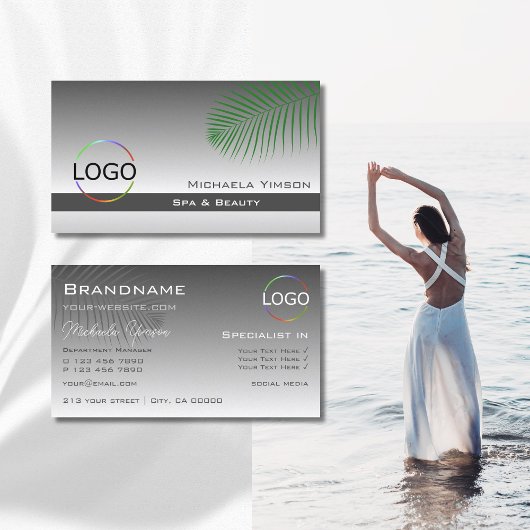 Silver Grey Gradient Palm Leaf met Logo Stijlvol Visitekaartje