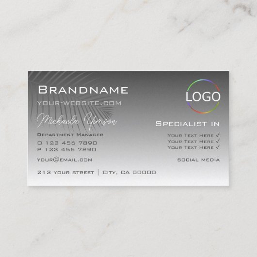 Silver Grey Gradient Palm Leaf Monogram en Logo Visitekaartje (Achterkant)