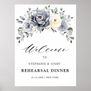 Silver Grey Ivory Floral Rehearsal Dinner Welcome Poster
