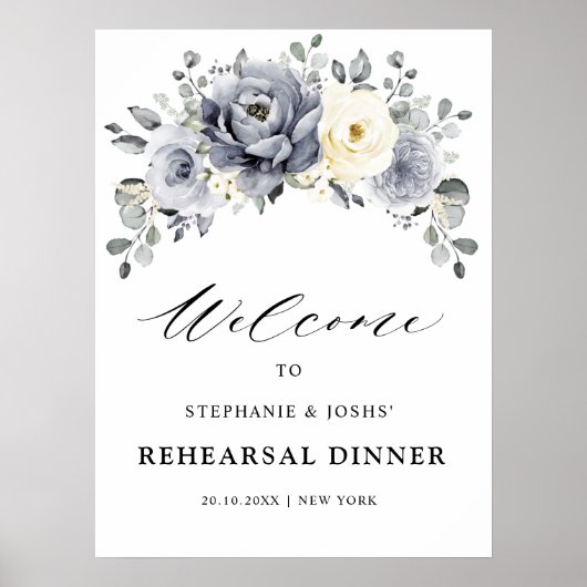 Silver Grey Ivory Floral Rehearsal Dinner Welcome Poster (Voorkant)