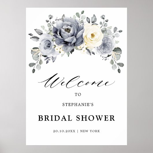 Silver Grey Ivory Floral Vrijgezellenfeest Welcome Poster (Voorkant)