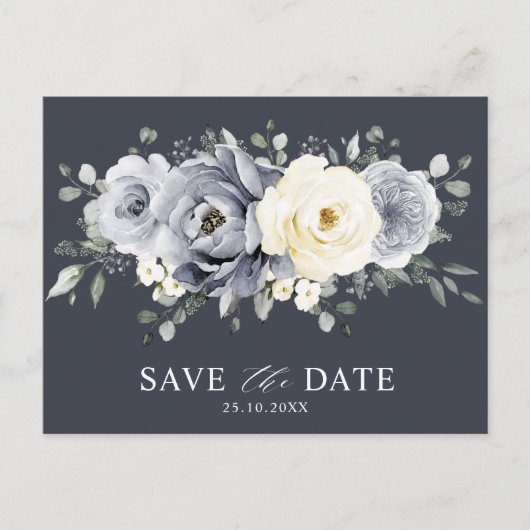 Silver Grey Ivory Floral Winter Boho Save the Date Briefkaart (Voorkant)