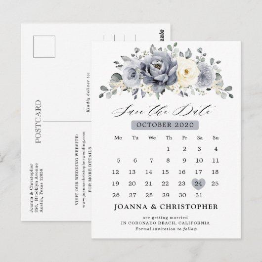 Silver Grey Ivory Floral Winter Boho Save the Date Briefkaart (Voorkant / Achterkant)