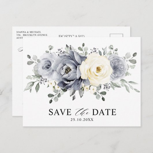 Silver Grey Ivory Floral Winter Boho Save the Date Briefkaart (Voorkant / Achterkant)
