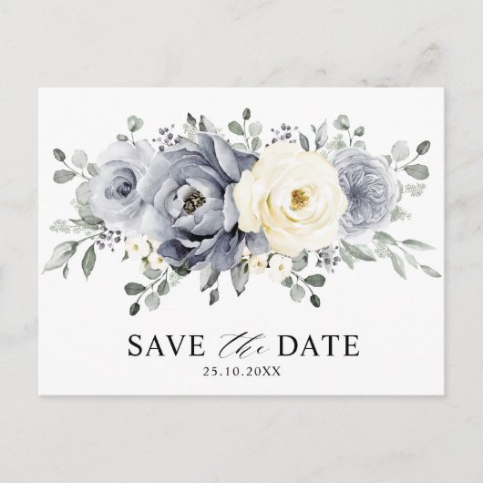 Silver Grey Ivory Floral Winter Boho Save the Date Briefkaart (Voorkant)