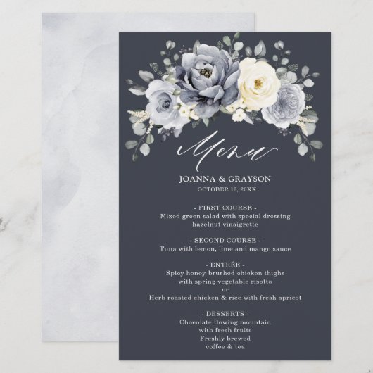 Silver Grey Ivory Floral Winter Boho Wedding Menu (Voorkant / Achterkant)