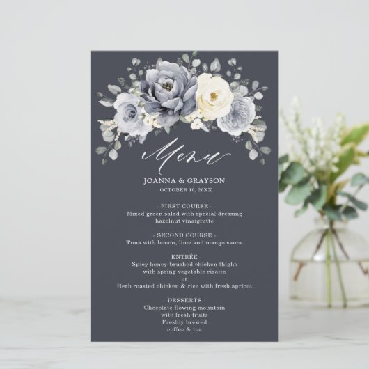 Silver Grey Ivory Floral Winter Boho Wedding Menu (Staand voorkant)