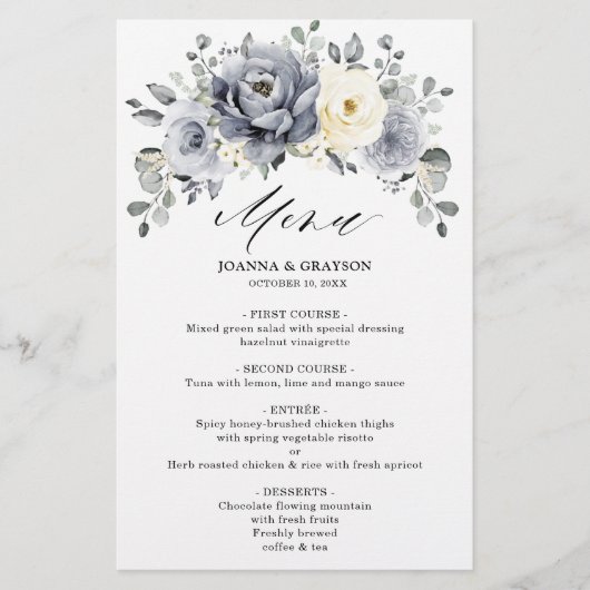 Silver Grey Ivory Floral Winter Boho Wedding Menu (Voorkant)