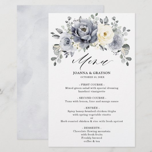 Silver Grey Ivory Floral Winter Boho Wedding Menu (Voorkant / Achterkant)