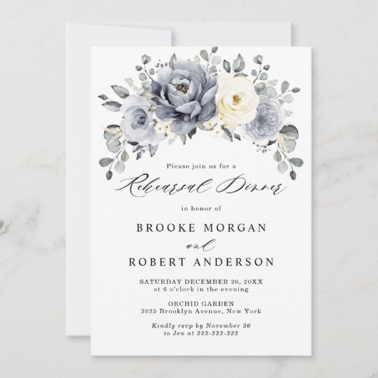 Silver Grey Ivory Floral Winter Rehearsal Dinner Kaart (Voorkant)