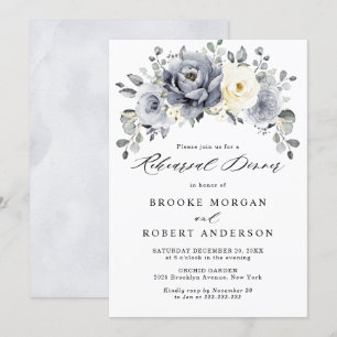 Silver Grey Ivory Floral Winter Rehearsal Dinner Kaart