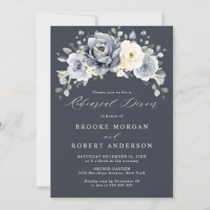 Silver Grey Ivory Floral Winter Rehearsal Dinner Kaart