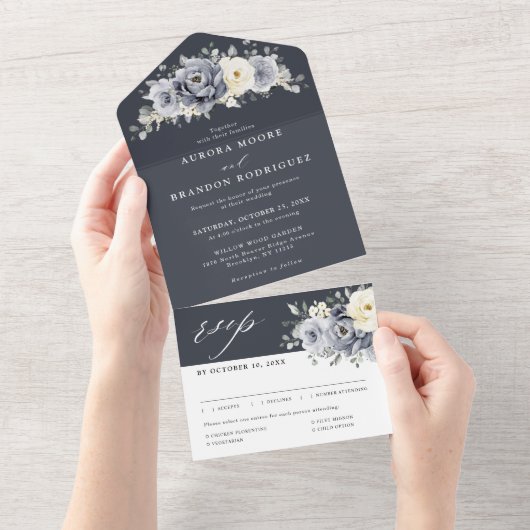 Silver Grey Ivory Floral Winter Rustic Wedding All In One Uitnodiging (Afscheurbaar)