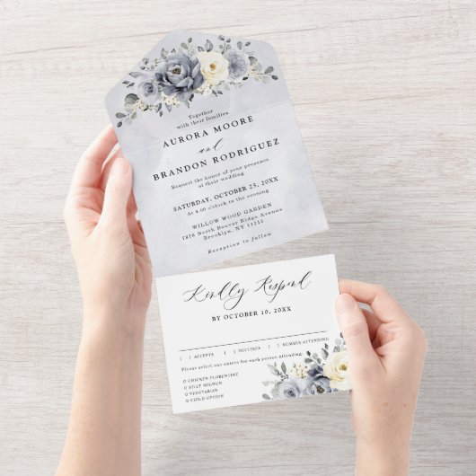 Silver Grey Ivory Floral Winter Rustic Wedding All In One Uitnodiging (Afscheurbaar)