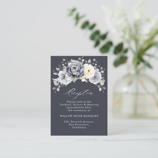 Silver Grey Ivory Floral Winter Rustic Wedding Enc Informatiekaartje (Staand voorkant)
