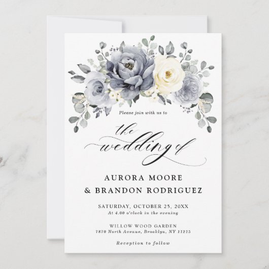 Silver Grey Ivory Floral Winter Rustic Wedding IV Kaart (Voorkant)