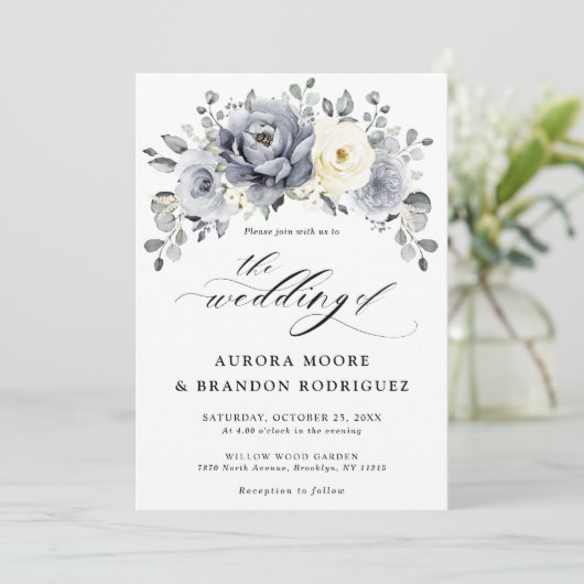 Silver Grey Ivory Floral Winter Rustic Wedding IV Kaart (Staand voorkant)