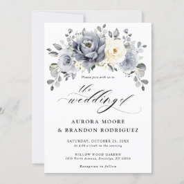 Silver Grey Ivory Floral Winter Rustic Wedding IV Kaart