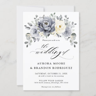 Silver Grey Ivory Floral Winter Rustic Wedding IV Kaart