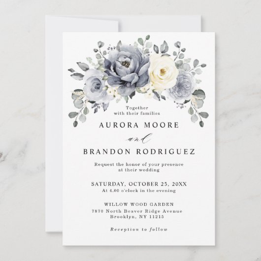 Silver Grey Ivory Floral Winter Rustic Wedding IV Kaart (Voorkant)