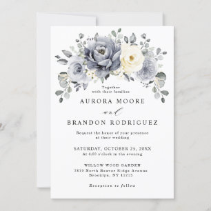 Silver Grey Ivory Floral Winter Rustic Wedding IV Kaart