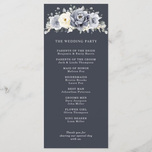 Silver Grey Ivory Floral Winter Rustic Wedding Pro Programmakaart (Achterkant)