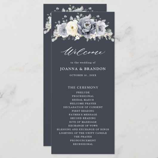Silver Grey Ivory Floral Winter Rustic Wedding Pro Programmakaart (Voorkant / Achterkant)
