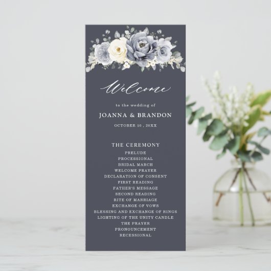 Silver Grey Ivory Floral Winter Rustic Wedding Pro Programmakaart (Staand voorkant)