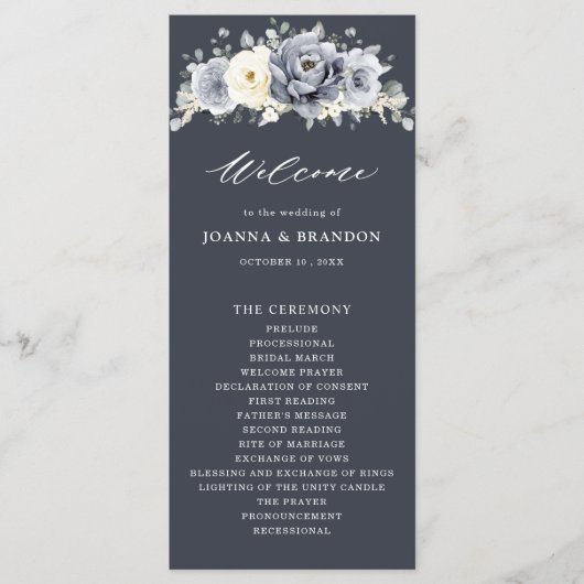 Silver Grey Ivory Floral Winter Rustic Wedding Pro Programmakaart (Voorkant)