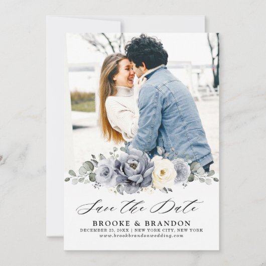 Silver Grey Ivory Floral Winter Rustic Wedding Sav Save The Date (Voorkant)